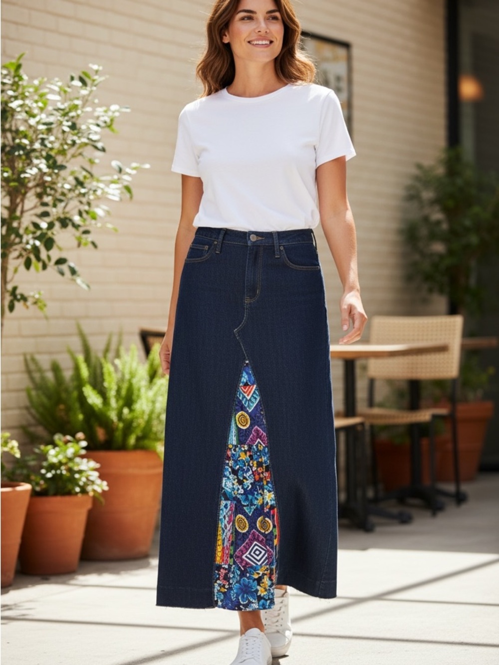 Upcycle Dark Denim Maxi Skirt with Vibrant Center Panel size 12 has stretch
